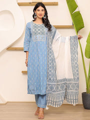 Satrangi Women's Sky Blue Cotton Printed Kurta & Pant Set - Round Neck, 3/4th Sleeve - Regular Fit - Satrangi Fashion