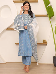 Satrangi Women's Sky Blue Cotton Printed Kurta & Pant Set - Round Neck, 3/4th Sleeve - Regular Fit - Satrangi Fashion