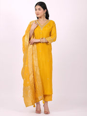 Satrangi Women's Yellow Viscose Silk Embroidered Kurta Set with V Neck and Three Fourth Sleeves - Satrangi Fashion