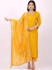 Satrangi Women's Yellow Viscose Silk Embroidered Kurta Set with V Neck and Three Fourth Sleeves - Satrangi Fashion