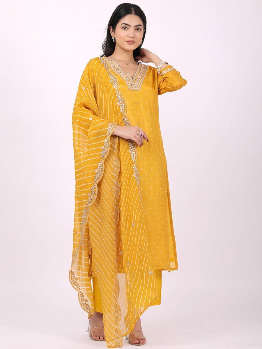 Satrangi Women's Yellow Viscose Silk Embroidered Kurta Set with V Neck and Three Fourth Sleeves - Satrangi Fashion