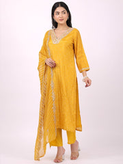 Satrangi Women's Yellow Viscose Silk Embroidered Kurta Set with V Neck and Three Fourth Sleeves - Satrangi Fashion