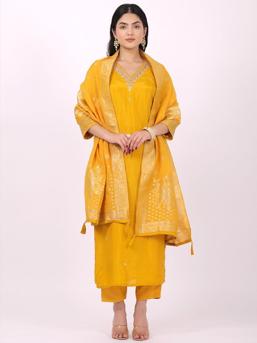 Satrangi Women's Yellow Viscose Silk Embroidered Kurta Set with V Neck and Three Fourth Sleeves - Satrangi Fashion